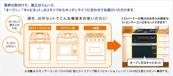 簡単な取付けで、施工はスムーズ。</p>
<p>「オーブン」・「キャビネット」の2タイプからキッチンライフに合わせてお選びいただけます。
現在台所でこんな機器をお使いの方に!
ガステーブルコンロ ベアフリー型 一体型
※写真はSiセンサーコンロ110−H560型とナイスアップ用コンビネーションレンジ114-H523型とのセット事例です。
古くなって買い時かも スッキリさせたい
3口バーナーが魅力のお手入れ簡単なSiセンサーコンロをセットできます!
オーブン又はキャビネット