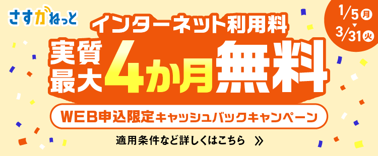 さすガねっと インターネット利用料実質最大4か月無料 WEB申込限定キャッシュバックキャンペーン