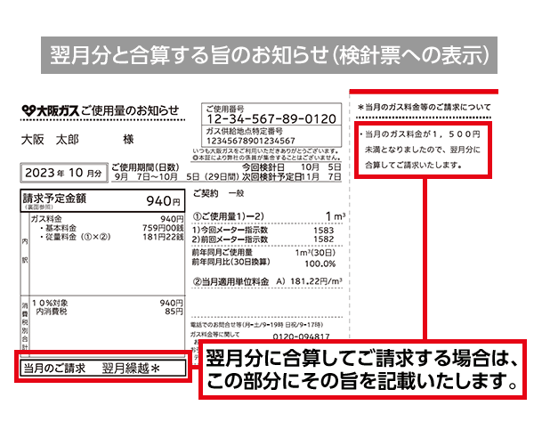 翌月分と合算する旨のお知らせ（ご使用量のお知らせ(検針票)への表示）