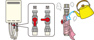 【2ハンドルタイプの場合】お湯側のバルブを開ける / 【シングルレバーの場合】お湯側いっぱいに回して開ける / 【サーモスタット式バルブ】最高温度の設定位置にしてバルブを開ける