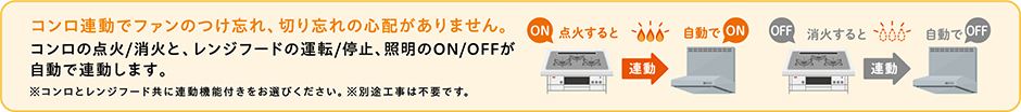 コンロ連動でファンのつけ忘れ、切り忘れの心配がありません。コンロの点火/消火と、レンジフードの運転/停止、照明のON/OFFが自動で連動します。※コンロとレンジフード共に連動機能付きをお選びください。※別途工事は不要です。