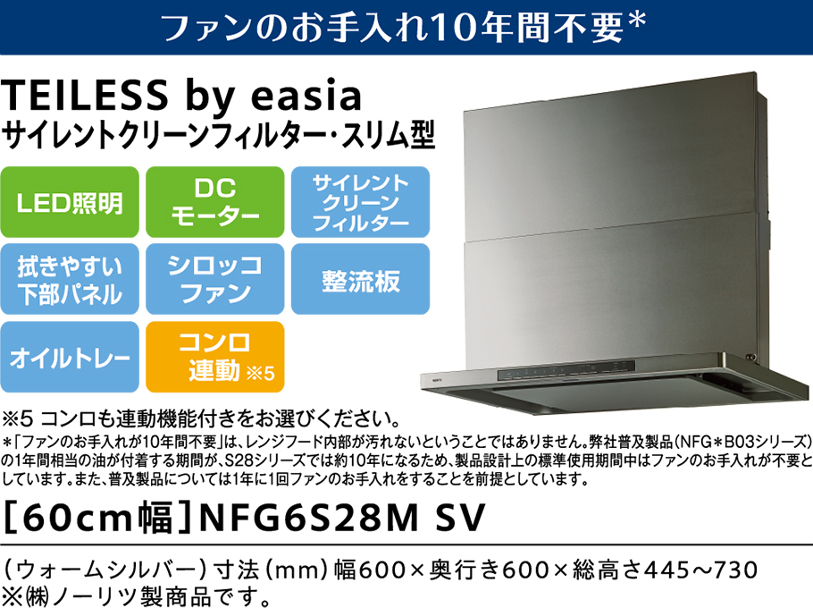 ファンのお手入れ10年間不要 TEILESS by easia サイレントクリーンフィルター・スリム型 [60cm幅] NFG6S28M SV