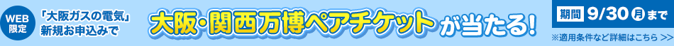 「大阪ガスの電気」ご契約で万博ペアチケットが当たる！さらに、マイ大阪ガスポイントもプレゼント！