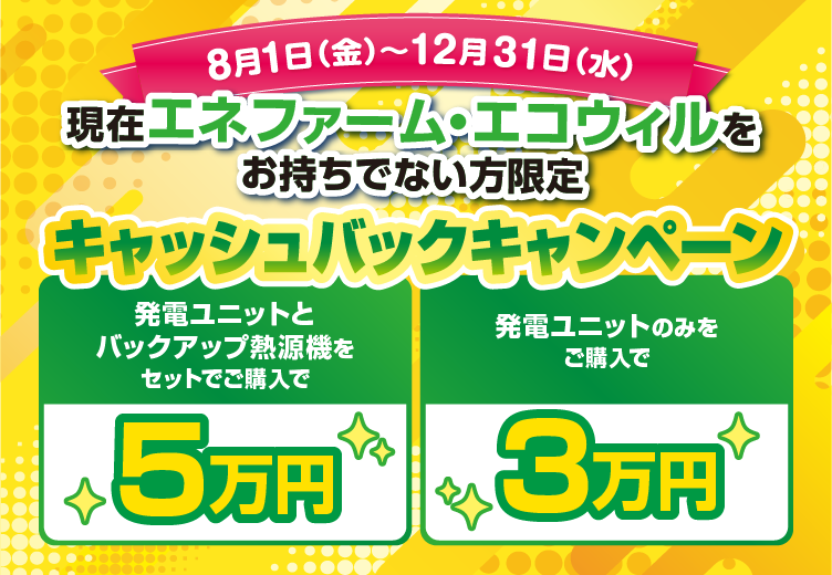 現在エネファーム・エコウィルをお持ちでない方限定 キャッシュバックキャンペーン