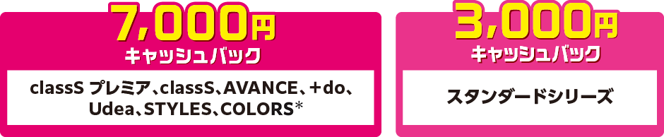 【7,000円キャッシュバック】classS プレミア、classS、AVANCE、＋do、Udea、STYLES、COLORS　【3,000円キャッシュバック】スタンダードシリーズ