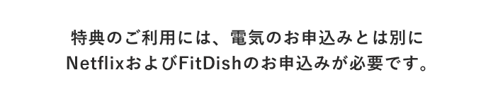特典のご利用には、電気のお申込みとは別にNetflixおよびFitDishのお申込みが必要です。