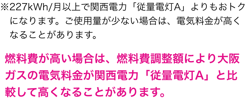 227kWh/月以上で関西電力「従量電灯A」よりもおトクになります。ご使用量が少ない場合は、電気料金が高くなることがあります。燃料費が高い場合は、燃料費調整額により大阪ガスの電気料金が関西電力「従量電灯A」と比較して高くなることがあります。