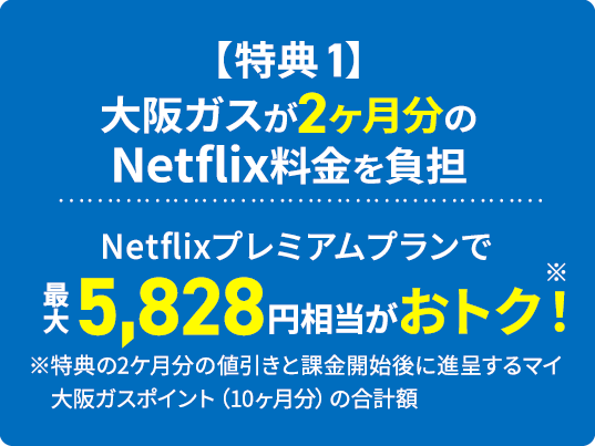 【特典1】大阪ガスが2ヶ月分のNetflix料金を負担Netflixプレミアムプランで最大5,828円相当がおトク！※ ※特典の2ヶ月分の値引きと課金開始後に進呈するマイ大阪ガスポイント（10ヶ月分）の合計額