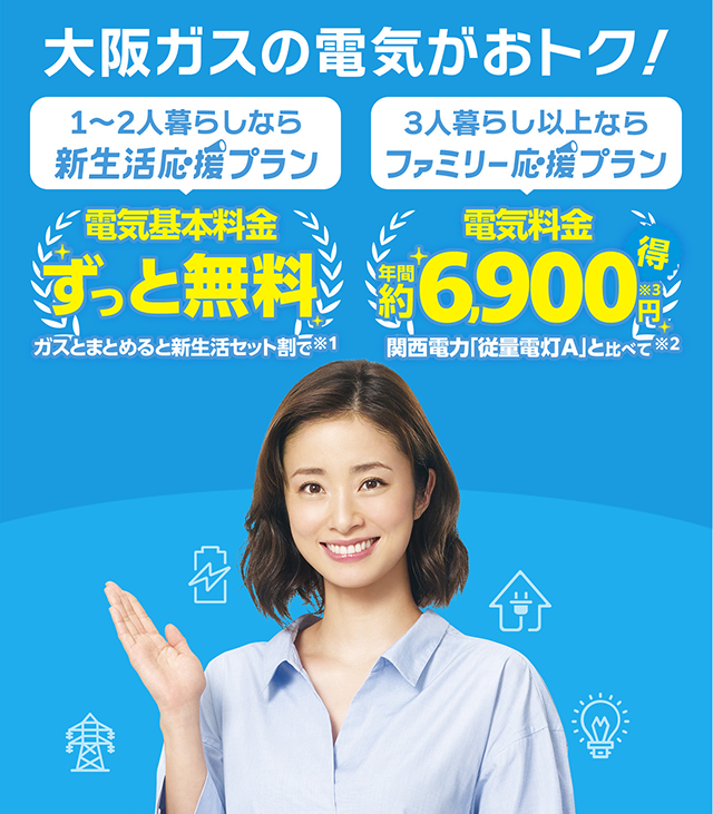 大阪ガスの電気がおトク！1～2人暮らしなら新生活応援プラン 電気基本料金ずっと無料 ガスとまとめると新生活セット割で※1 3人暮らし以上ならファミリー応援プラン 電気料金年間約6,900円得※3 関西電力「従量電灯A」と比べて※2