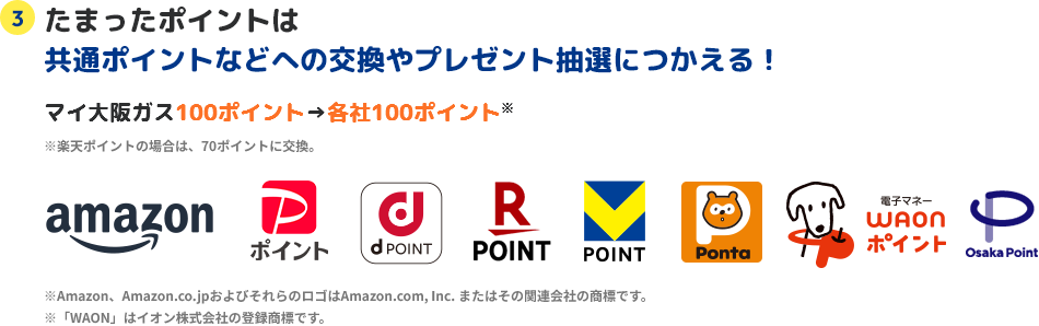 3 たまったポイントは共通ポイントなどへの交換やプレゼント抽選につかえる！ マイ大阪ガス100ポイント→各社100ポイント※ ※楽天ポイントの場合は、70ポイントに交換。 ※Amazon、Amazon.co.jpおよびそれらのロゴはAmazon.com, Inc. またはその関連会社の商標です。 ※「WAON」はイオン株式会社の登録商標です。