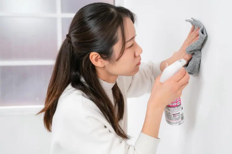 スプレーと雑巾で壁を掃除する女性