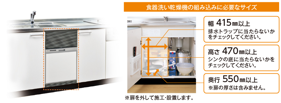 キッチンの扉を1枚はずして、シンクの下にすっきり収まります。