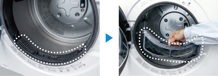 糸くずフィルターが本体前面に配置されており、取り出しやすくなりました。ワンタッチオープンでフィルターのお手入れが簡単です。