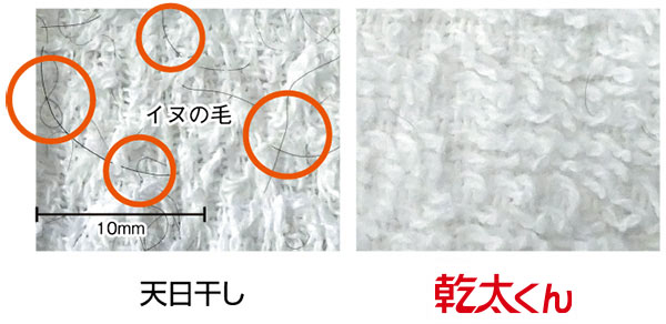 タオル乾燥後の毛付着状況の比較