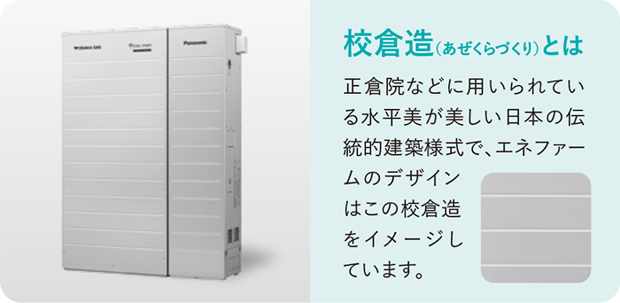 校倉造（あぜくらづくり）とは正倉院などに用いられている水平美が美しい日本の伝統的建築様式で、エネファームのデザインはこの校倉造をイメージしています。