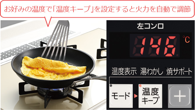 お好みの温度で「温度キープ」を設定すると火力を自動で調節