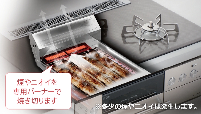 煙やニオイを専用バーナーで焼き切ります ※多少の煙やニオイは発生します。