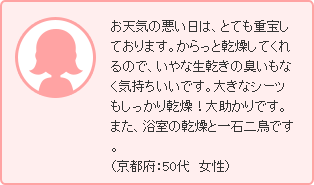 お天気の悪い日は、とても重宝しております。からっと乾燥してくれるので、いやな生乾きの臭いもなく気持ちいいです。大きなシーツもしっかり乾燥！大助かりです。また、浴室の乾燥と一石二鳥です。（京都府：50代　女性）