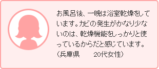 お風呂後、一晩は浴室乾燥をしています。カビの発生がかなり少ないのは、乾燥機能をしっかりと使っているからだと感じています。（兵庫県	20代女性）