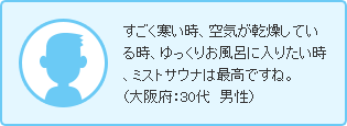 すごく寒い時、空気が乾燥している時、ゆっくりお風呂に入りたい時、ミストサウナは最高ですね。（大阪府：30代　男性）