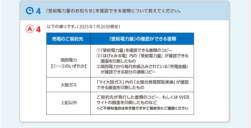 【Q4：「受給電力量のお知らせ」を確認できる書類について教えてください。】A4：以下の通りです。（2025年1月20日現在） 売電のご契約先：「受給電力量」の確認ができる書類／関西電力【①～③のいずれか】：①「受給電力量」を確認できる書類のコピー ②「はぴｅみる電」内の「受給電力量」が確認できる画面を印刷したもの ③関西電力から毎月お振込みされている「売電金額」が確認できる部分の通帳コピー／大阪ガス：「マイ大阪ガス」内の「太陽光発電買取実績」が確認できる画面を印刷したもの／上記以外：ご契約先が発行した書類のコピー、もしくはWEBサイトの画面を印刷したものなど ※ご不明な場合はお手数ですがご契約先にご確認ください