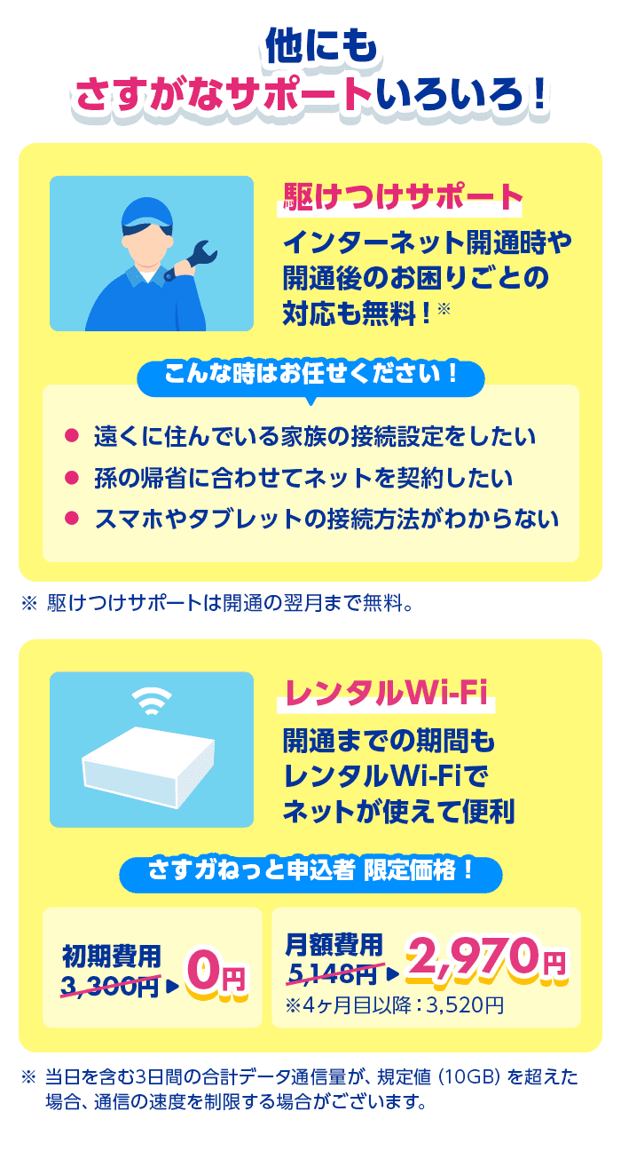 他にもさすがなサポートいろいろ！駆けつけサポート インターネット開通時や開通後のお困りごとの対応も無料！こんな時はお任せください！遠くに住んでいる家族の接続設定をしたい、孫の帰省に合わせてネットを契約したい、スマホやタブレットの接続方法がわからない ※駆けつけサポートは開通の翌月まで無料。レンタルWi-Fi 開通までの期間もレンタルWi-Fiでネットが使えて便利 さすガねっと申込者限定価格！初期費用0円！月額費用2,970円 ※4ヶ月目以降3,520円！※当日を含む3日間の合計データ通信量が、規定値(10GB)を超えた場合、通信の速度を制限する場合がございます。