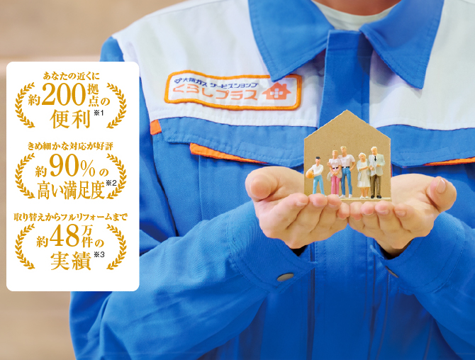 あなたの近くに約200拠点の便利※1 きめ細かな対応が好評 約90%の高い満足度※2 取り替えからフルリフォームまで約48万件の実績※3