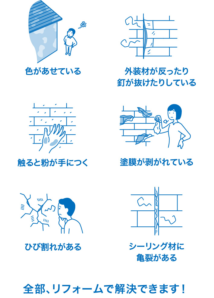 色があせている 外装材が反ったり釘が抜けたりしている 触ると粉が手につく 塗膜が剥がれている ひび割れがある シーリング材に亀裂がある 全部、リフォームで解決できます！