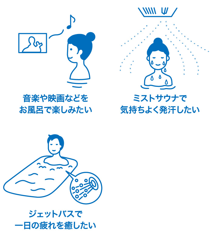 音楽や映画などをお風呂で楽しみたい ミストサウナで気持ちよく発汗したい ジェットバスで一日の疲れを癒したい