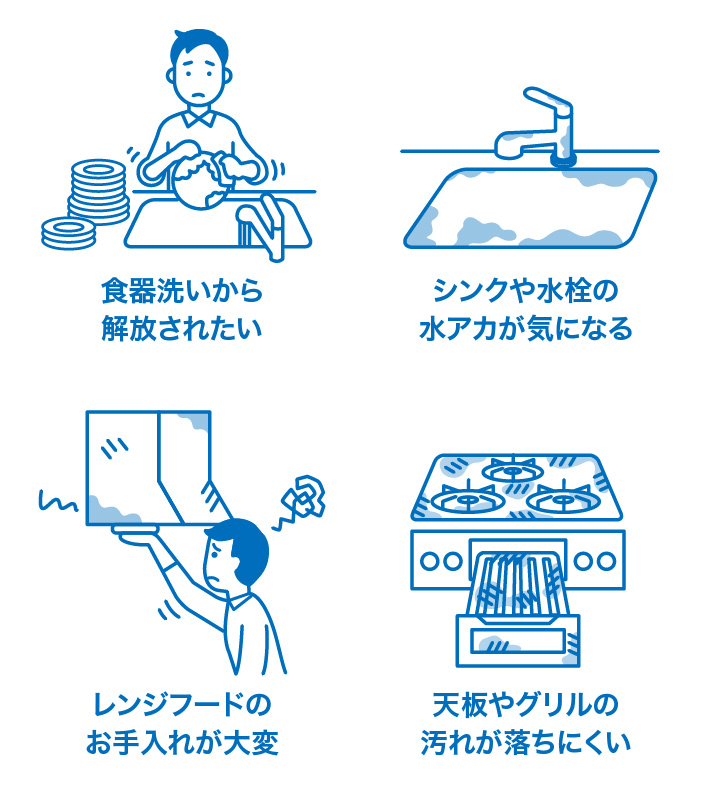 食器洗いから解放されたい シンクや水栓の水アカが気になる レンジフードのお手入れが大変 天板やグリルの汚れが落ちにくい