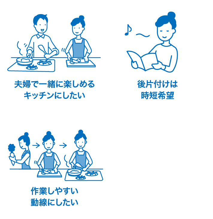 夫婦で一緒に楽しめるキッチンにしたい 後片づけは時短希望 作業しやすい動線にしたい