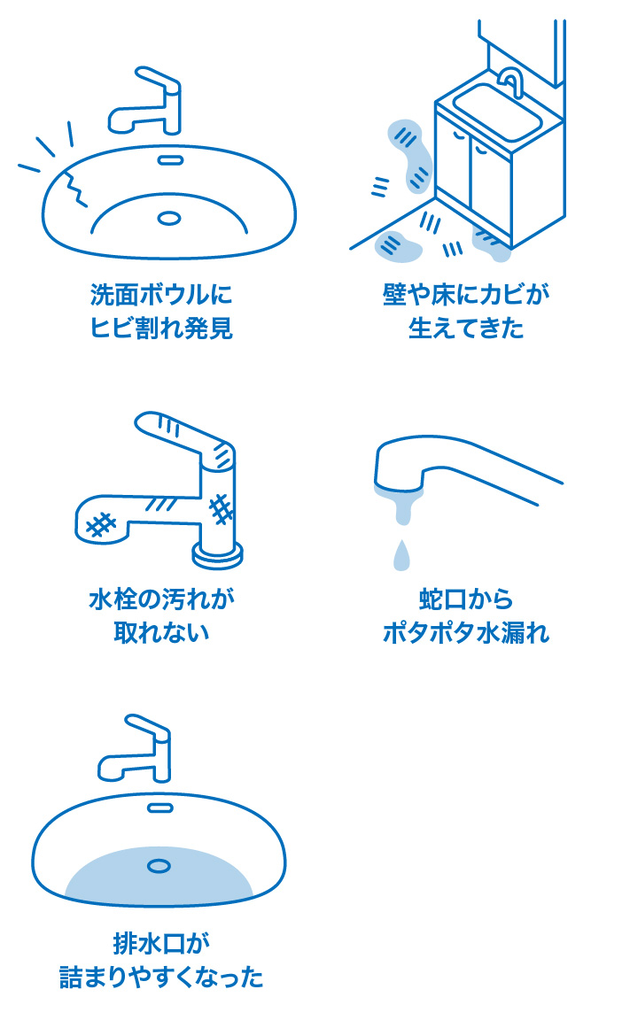 洗面ボウルにヒビ割れ発見 壁や床にカビが生えてきた 水栓の汚れが取れない 蛇口からポタポタ水漏れ 排水口が詰まりやすくなった