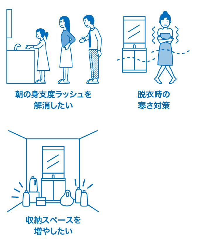 朝の身支度ラッシュを解消したい 脱衣時の寒さ対策 収納スペースを増やしたい