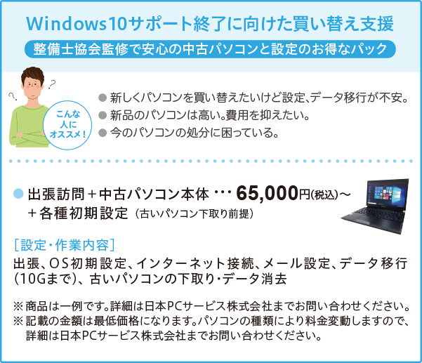 Windows10サポート終了に向けた買い替え支援（整備士協会監修で安心の中古パソコンと設定のお得なパック）