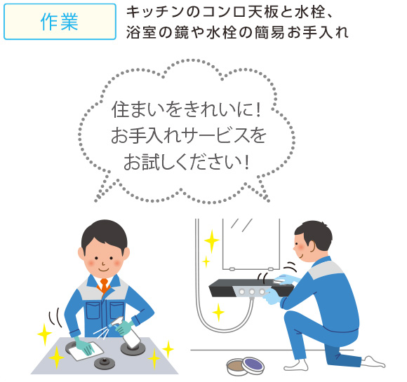 作業　キッチンのコンロ天板と水栓、浴室の鏡や水栓の簡易お手入れ