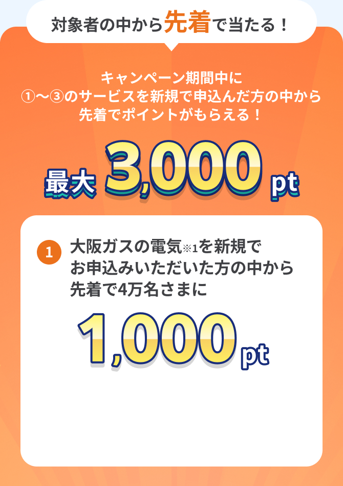 対象者の中から先着で当たる！ キャンペーン期間中に①〜③のサービスを新規で申込んだ方の中から先着でポイントがもらえる！ ①最大3,000pt 大阪ガスの電気※1を新規でお申込みいただいた方の中から先着で4万名さまに1,000pt