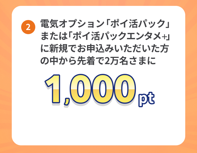 ②電気オプション「ポイ活パック」または「ポイ活パックエンタメ＋」に新規でお申込みいただいた方の中から先着で2万名さまに1,000pt