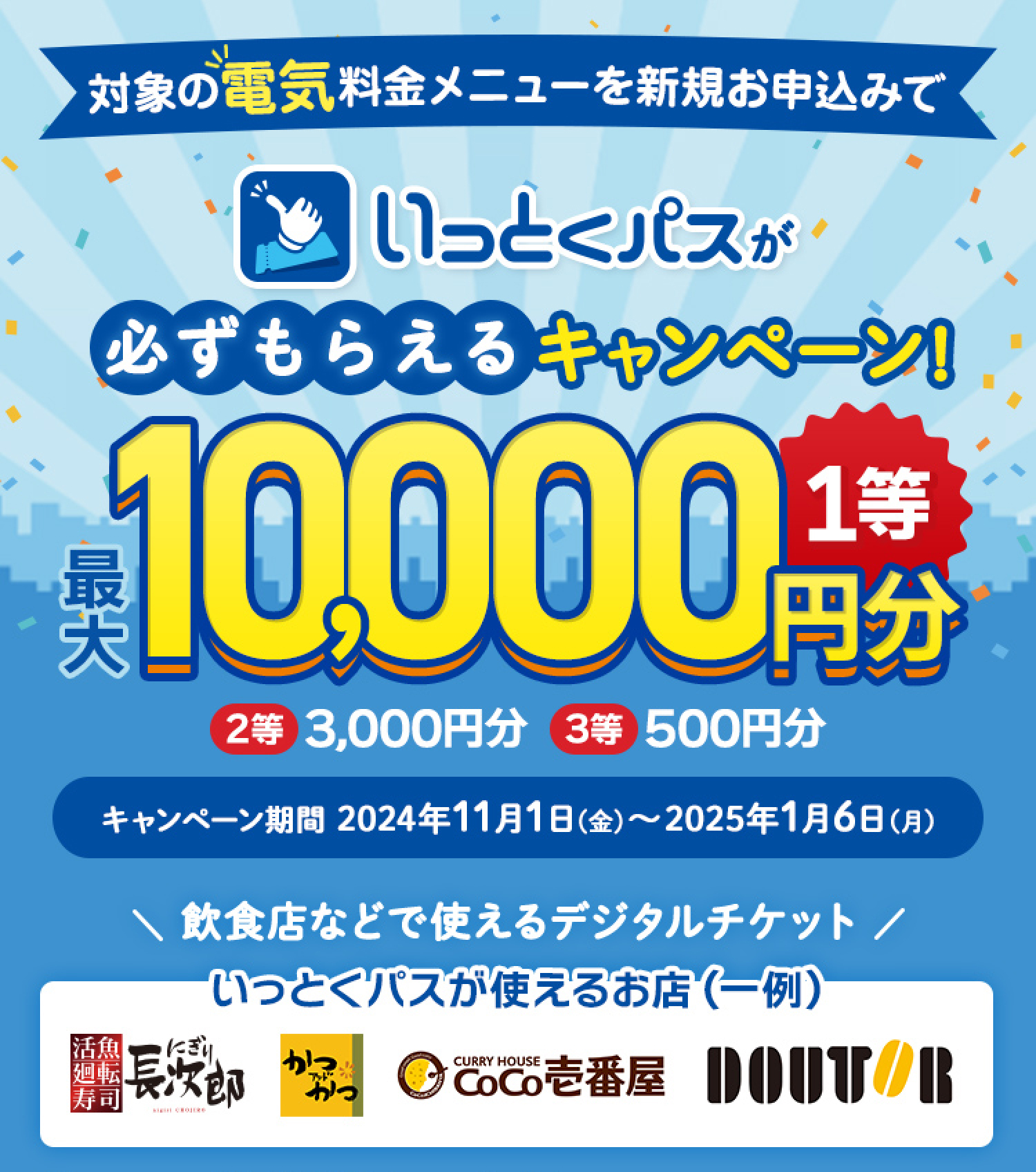 対象の電気料金メニューを新規お申込みでいっとくパスが必ずもらえるキャンペーン！最大1等10,000円分 2等3,000円分 3等500円分 キャンペーン期間 2024年11月1日（金）～2025年1月6日（月）飲食店などで使えるデジタルチケット いっとくパスが使えるお店（一例）