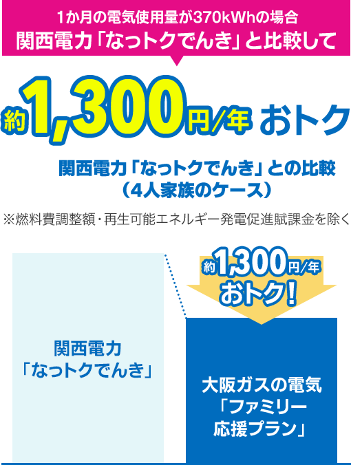 1か月の電気使用量が370kWhの場合 関西電力「なっトクでんき」と比較して約1,300円/年おトク 関西電力「なっトクでんき」との比較 （4人家族のケース） ※燃料費調整額・再生可能エネルギー発電促進賦課金を除く