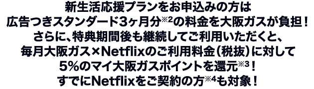 新生活応援プランをお申込みの方は広告つきスタンダード3ヶ月分※2の料金を大阪ガスが負担！さらに、特典期間後も継続してご利用いただくと、毎月大阪ガス×Netflixのご利用料金（税抜）に対して5%のマイ大阪ガスポイントを還元※3！すでにNetflixをご契約の方※4も対象！
