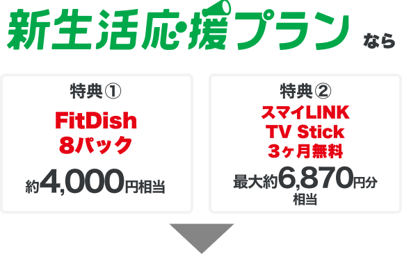 新生活応援プランなら 特典①FitDish 8パック 約4,000円相当 + 特典②スマイLINK TV Stick3ヶ月無料 最大約6,870円相当 →