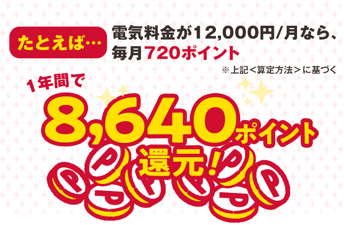 たとえば…電気料金が12,000円/月なら、毎月720ポイント ※上記＜算定方法＞に基づく 1年間で8,640ポイント還元！