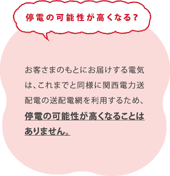 停電の可能性が高くなる？／お客さまのもとにお届けする電気は、これまでと同様に関西電力送配電の送配電網を利用するため、停電の可能性が高くなることはありません。