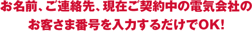 お名前、ご連絡先、現在ご契約中の電気会社のお客さま番号を入力するだけでOK！
