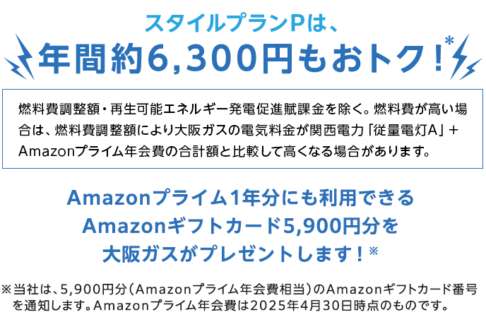 スタイルプランPは、年間約6,300円もおトク！ 燃料費調整額・再生可能エネルギー発電促進賦課金を除く。燃料費が高い場合は、燃料費調整額により大阪ガスの電気料金が関西電力「従量電灯A」＋Amazonプライム年会費の合計額と比較して高くなる場合があります。 Amazonプライム1年分にも利用できるAmazonギフトカード5,900円分を大阪ガスがプレゼントします！※ ※当社は、5,900円分（Amazonプライム年会費相当）のAmazonギフトカード番号を通知します。Amazonプライム年会費は2025年4月30日時点のものです。