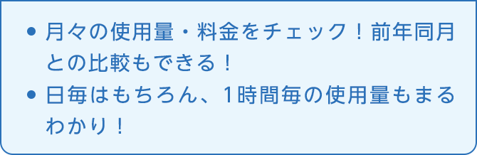 月々の使用量・料金をチェック！前年同月との比較もできる！日毎はもちろん、1時間毎の使用量もまるわかり！