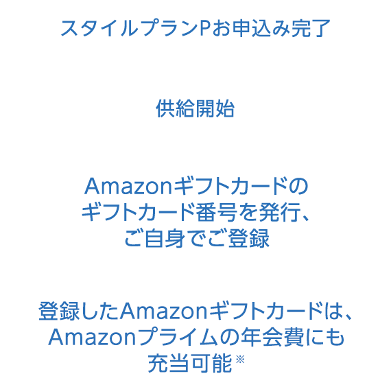 スタイルプランPお申込み完了 供給開始 Amazonギフトカードのギフトカード番号を発行、ご自身でご登録 登録したAmazonギフトカードは、Amazonプライムの年会費にも充当可能※
