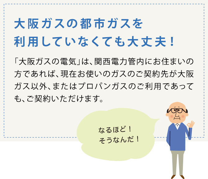 大阪ガスの都市ガスを利用していなくても大丈夫！「大阪ガスの電気」は、関西電力管内にお住まいの方であれば、現在お使いのガスのご契約先が大阪ガス以外、またはプロパンガスのご利用であっても、ご契約いただけます。なるほど！そうなんだ！