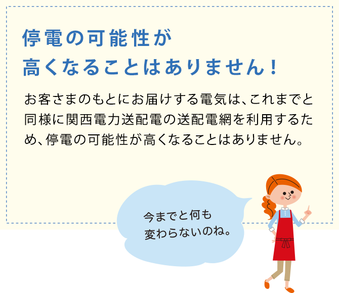 停電の可能性が高くなることはありません！お客さまのもとにお届けする電気は、これまでと同様に関西電力送配電の送配電網を利用するため、停電の可能性が高くなることはありません。今までと何も変わらないのね。