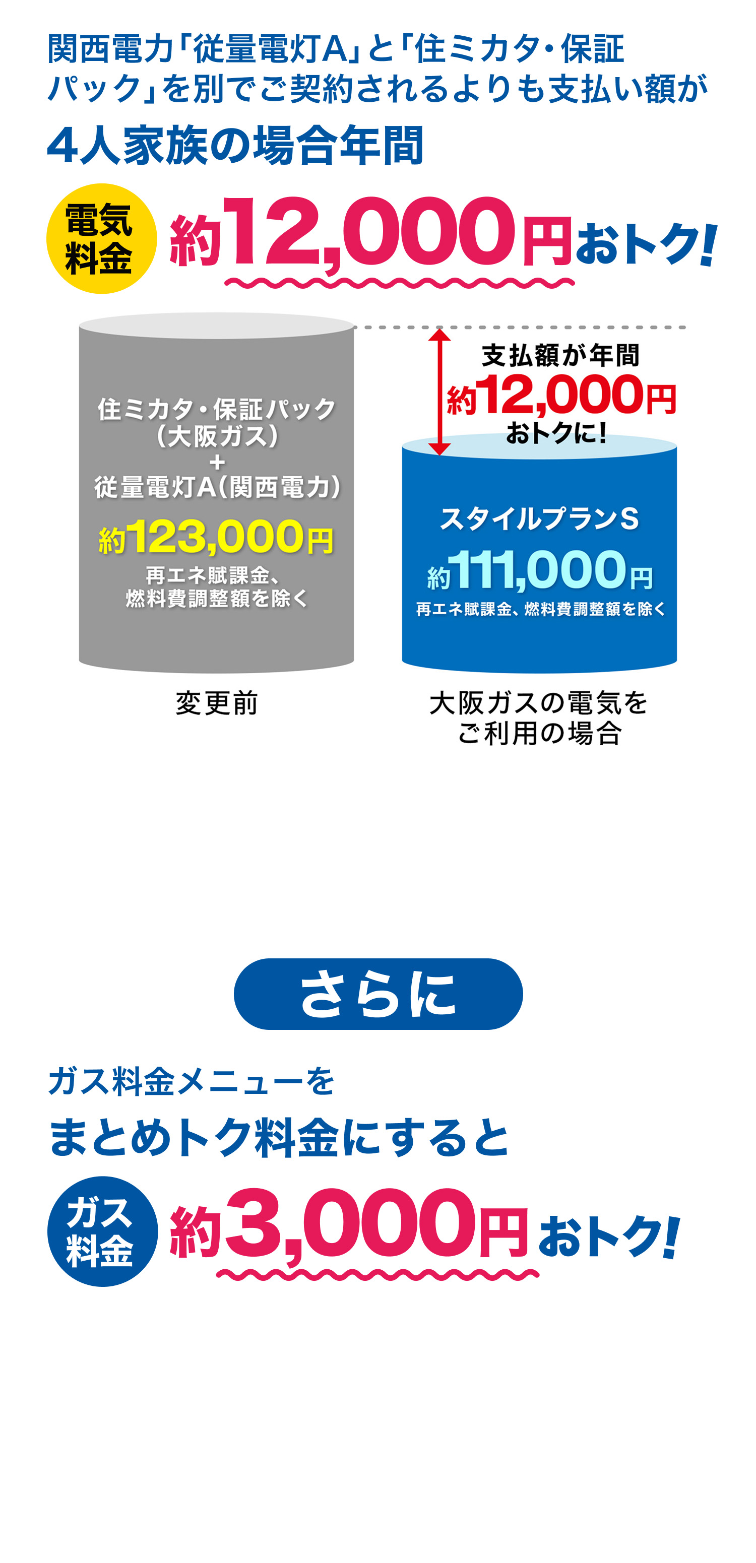 関西電力「従量電灯A」と「住ミカタ・保証パック」を別でご契約されるよりも支払い額が4人家族の場合年間電気料金約12,000円おトク！ 変更前住ミカタ・保証パック（大阪ガス）+従量電灯A（関西電力）約123,000円再エネ賦課金、燃料費調整額を除く 大阪ガスの電気をご利用の場合 支払額が年間約12,000円おトクに！スタイルプランS約111,000円再エネ賦課金、燃料費調整額を除く さらにガス料金メニューをまとめトク料金にするとガス料金約3,000円おトク！